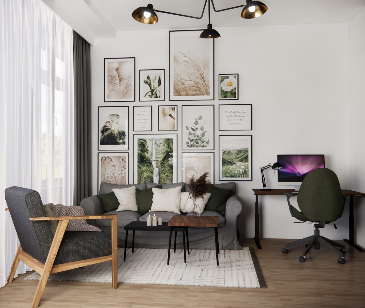 Aranżacja salonu z galerią plakatów w stylu botanicznym i przytulnym miejscem do wypoczynku i pracy.